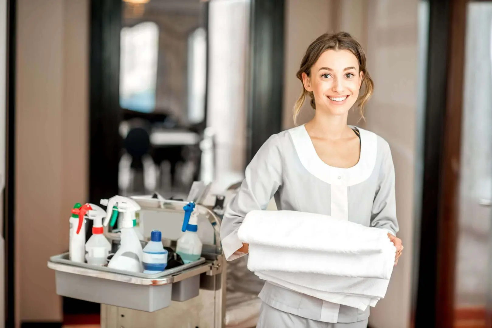 Smiling woman holding clean towels in a laundry room.