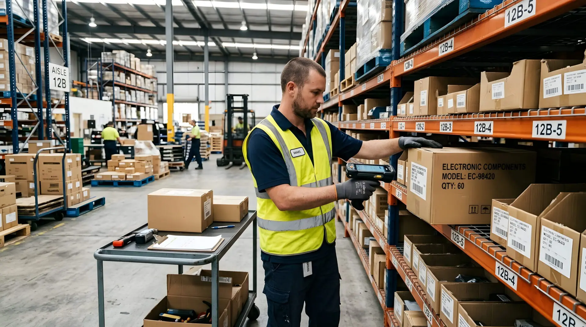 Male warehouse worker scanning barcode on cardboard box of electronic components in storage facility